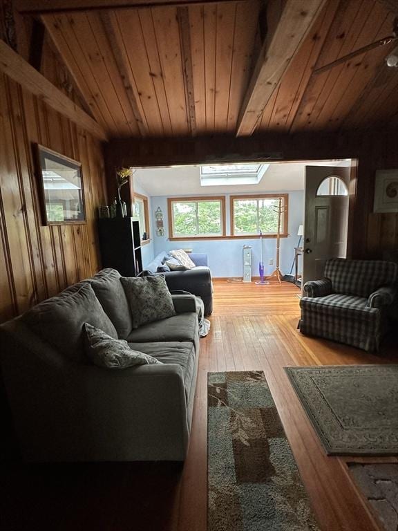 16 Neds Way, Plymouth, MA 02360 - living room with wooden walls, hardwood / wood-style flooring, wood ceiling, and lofted ceiling