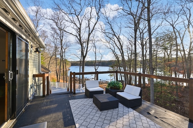 view of patio featuring a water view and an outdoor hangout area