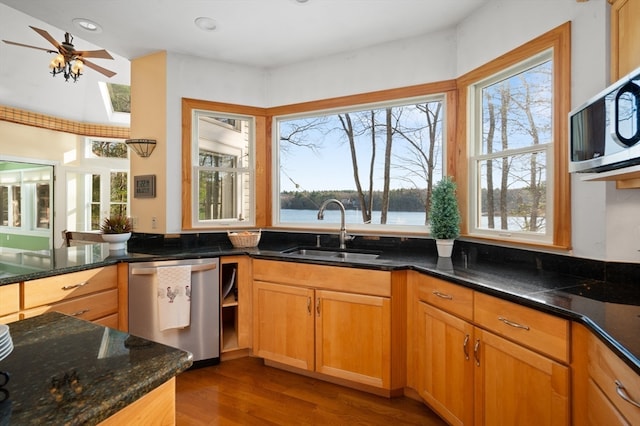 kitchen with plenty of natural light, sink, appliances with stainless steel finishes, and dark stone counters