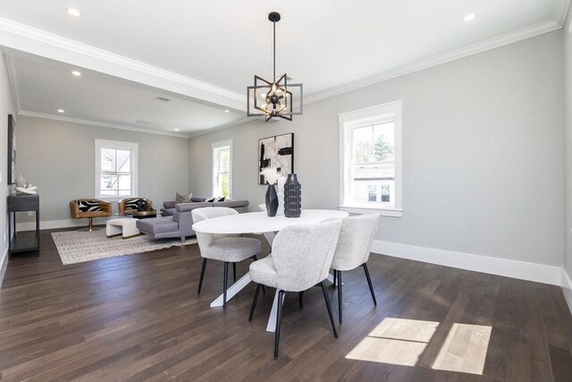 dining space with recessed lighting, baseboards, a chandelier, and dark wood-type flooring
