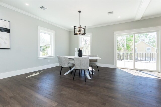 dining space featuring visible vents, baseboards, dark wood-type flooring, and an inviting chandelier
