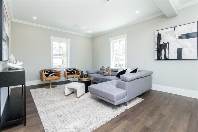living room featuring crown molding, baseboards, recessed lighting, and dark wood-style flooring