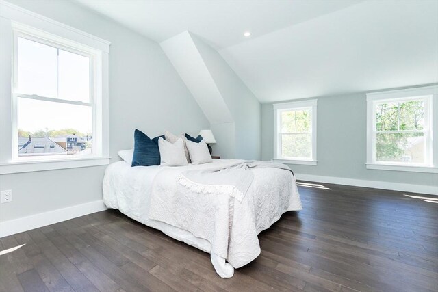 bedroom with baseboards, vaulted ceiling, and dark wood finished floors