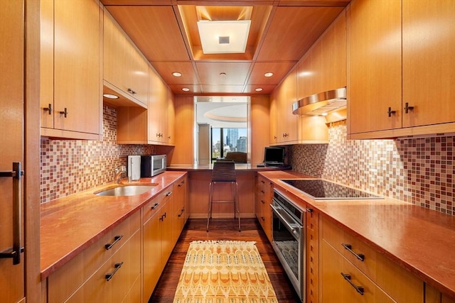 2 Commonwealth Ave Unit 14B, Boston, MA 02116 - kitchen featuring exhaust hood, black electric cooktop, a sink, stainless steel oven, and dark wood-type flooring