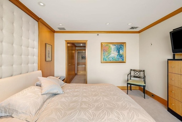 2 Commonwealth Ave Unit 14B, Boston, MA 02116 - bedroom with baseboards, ornamental molding, light carpet, and visible vents