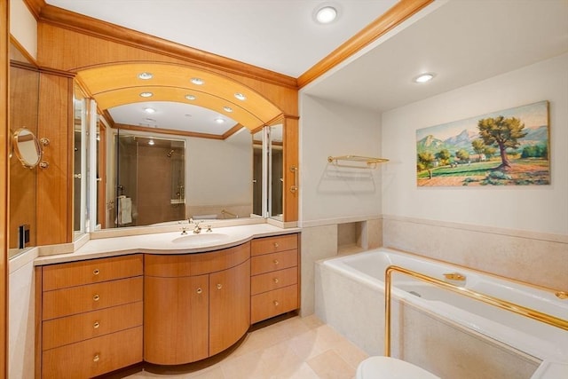 2 Commonwealth Ave Unit 14B, Boston, MA 02116 - full bathroom with a garden tub, crown molding, a stall shower, vanity, and recessed lighting