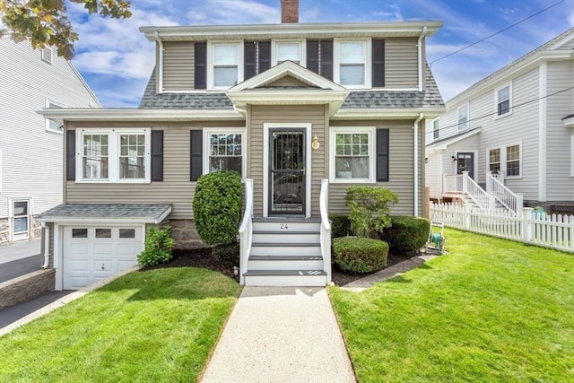 24 Neponset Rd, Quincy, MA 02169 - dutch colonial with an attached garage, a chimney, roof with shingles, and driveway