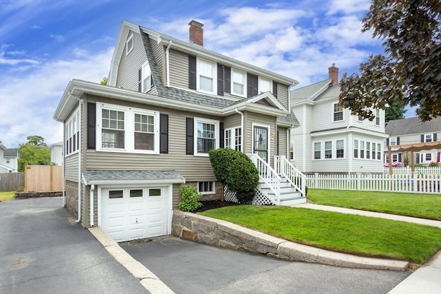 24 Neponset Rd, Quincy, MA 02169 - view of front of home featuring a garage, a chimney, driveway, and roof with shingles