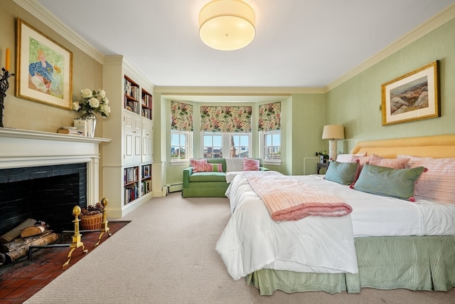 carpeted bedroom with a baseboard radiator and ornamental molding