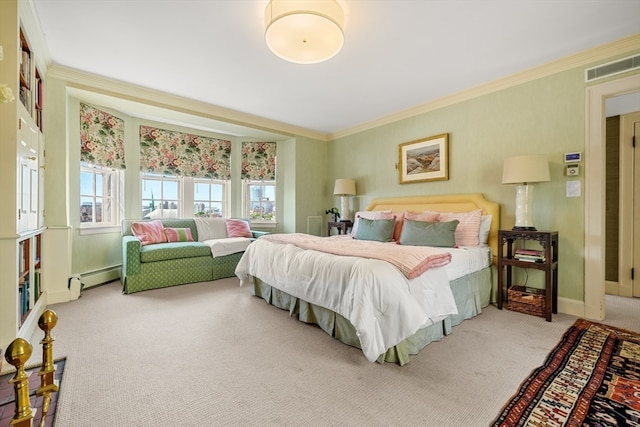 carpeted bedroom with crown molding and a baseboard heating unit