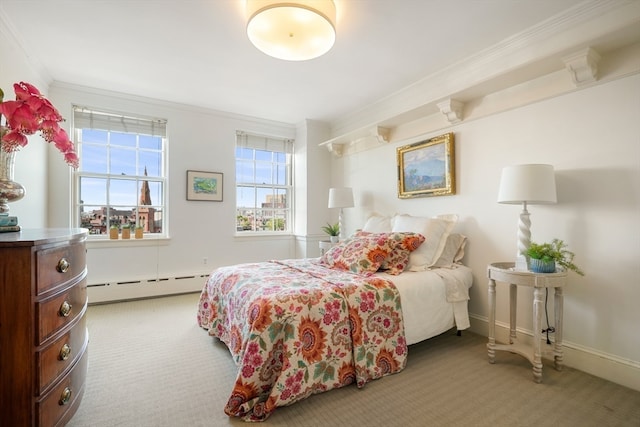 bedroom featuring baseboard heating, crown molding, and light carpet