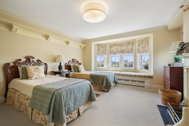 bedroom with light carpet, baseboard heating, and crown molding