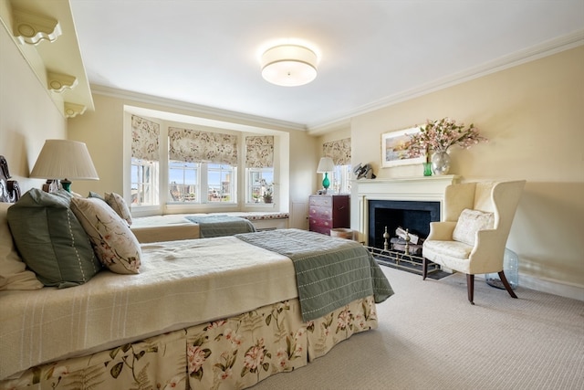 carpeted bedroom featuring ornamental molding