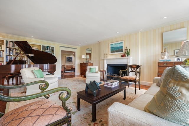 living room with light wood-type flooring and crown molding