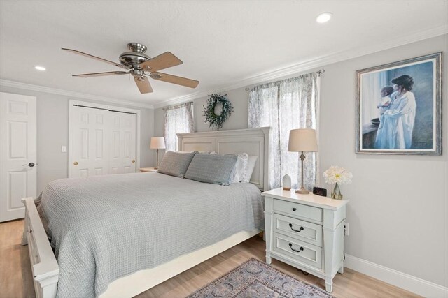 25 12th Ave, Halifax, MA 02338 - bedroom featuring ornamental molding, light wood finished floors, a closet, ceiling fan, and recessed lighting