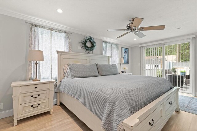 25 12th Ave, Halifax, MA 02338 - bedroom with access to exterior, light wood finished floors, ornamental molding, recessed lighting, and ceiling fan