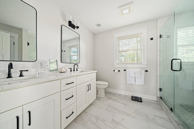 bathroom with visible vents, marble finish floor, baseboards, a sink, and a marble finish shower