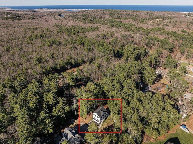 birds eye view of property featuring a wooded view
