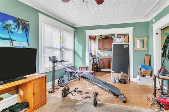 workout area featuring light wood-type flooring, ceiling fan, and crown molding