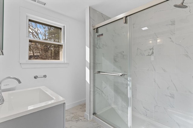 260 Great Rd, Stow, MA 01775 - full bath featuring visible vents, marble finish floor, a sink, and a marble finish shower