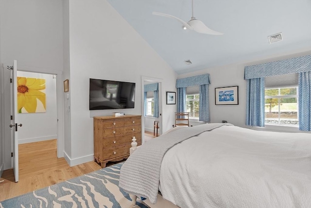 124 Osgood Rd, Charlton, MA 01507 - bedroom featuring high vaulted ceiling, light wood-style flooring, multiple windows, baseboards, and ceiling fan