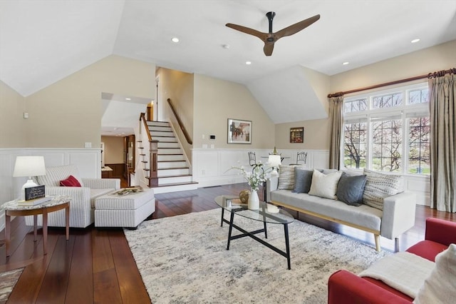 58 Bridle Path, Tewksbury, MA 01876 - living room with a ceiling fan, lofted ceiling, and a wainscoted wall