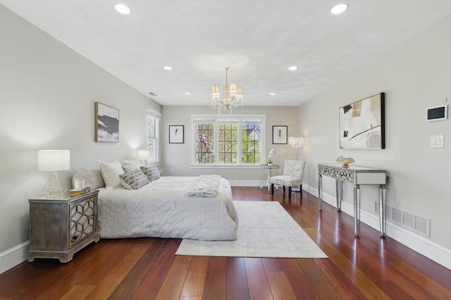 58 Bridle Path, Tewksbury, MA 01876 - bedroom featuring a chandelier, recessed lighting, baseboards, wood finished floors, and visible vents