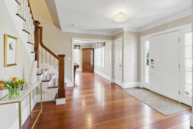 58 Bridle Path, Tewksbury, MA 01876 - entrance foyer with baseboards, ornamental molding, wood-type flooring, and stairs