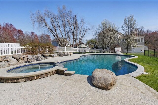58 Bridle Path, Tewksbury, MA 01876 - view of swimming pool with an in ground hot tub, a fenced in pool, a fenced backyard, a yard, and a patio