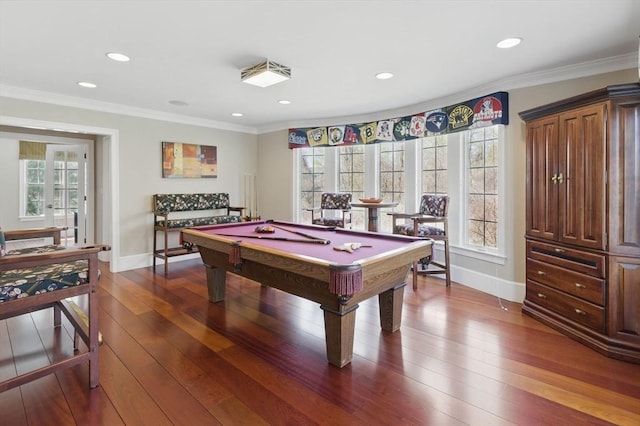 58 Bridle Path, Tewksbury, MA 01876 - recreation room featuring dark wood-style flooring, baseboards, recessed lighting, and billiards