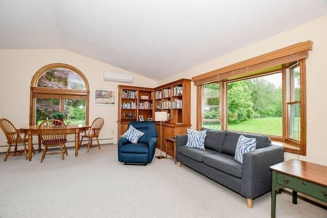 670 Front St, Marion, MA 02738 - carpeted living area featuring a wall mounted AC, vaulted ceiling, healthy amount of natural light, and a baseboard heating unit
