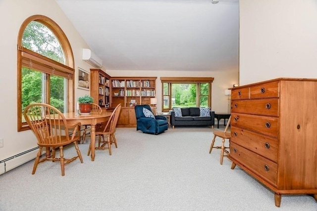 670 Front St, Marion, MA 02738 - dining space featuring light colored carpet, a wall unit AC, and baseboard heating
