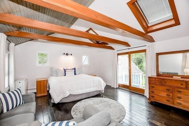 670 Front St, Marion, MA 02738 - bedroom with access to outside, baseboard heating, dark wood-style flooring, and a skylight