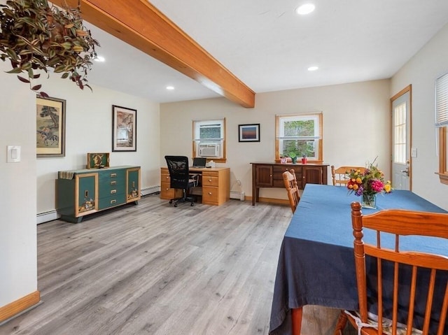 dining area featuring recessed lighting, a baseboard radiator, a baseboard heating unit, and light wood-type flooring