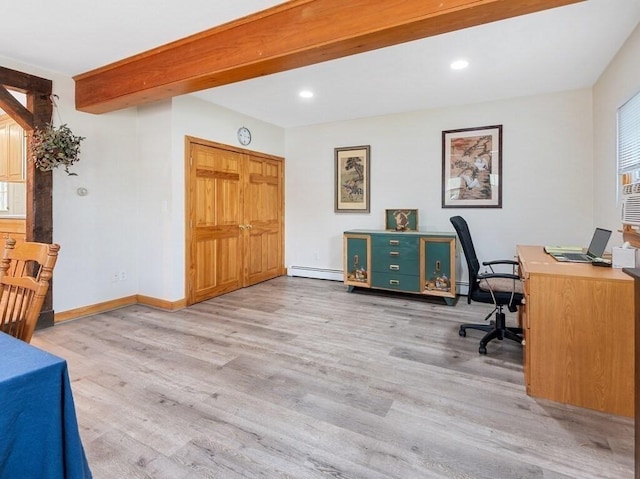 home office featuring light wood-style floors, baseboards, a baseboard radiator, and recessed lighting