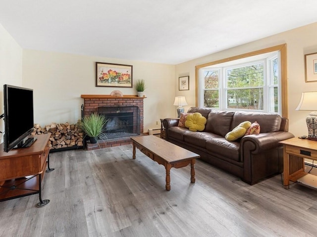 living area featuring a baseboard radiator, wood finished floors, and a fireplace