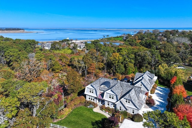 drone / aerial view featuring a water view