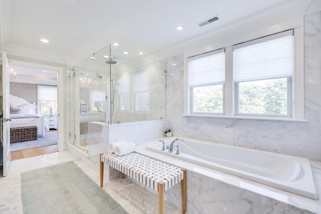 bathroom featuring crown molding, plus walk in shower, and wood-type flooring