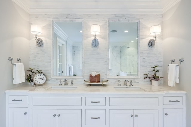 bathroom with vanity, crown molding, backsplash, and an enclosed shower