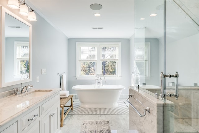 bathroom featuring vanity, independent shower and bath, and plenty of natural light