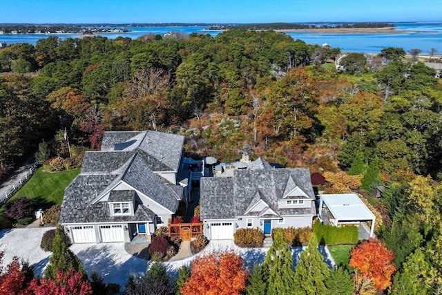 drone / aerial view featuring a water view