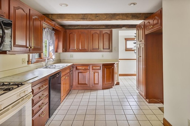 38 Lakeshore Dr, Wayland, MA 01778 - kitchen featuring black appliances, a sink, light countertops, light tile patterned flooring, and beamed ceiling