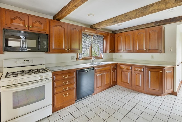38 Lakeshore Dr, Wayland, MA 01778 - kitchen featuring black appliances, a sink, light countertops, beam ceiling, and brown cabinetry