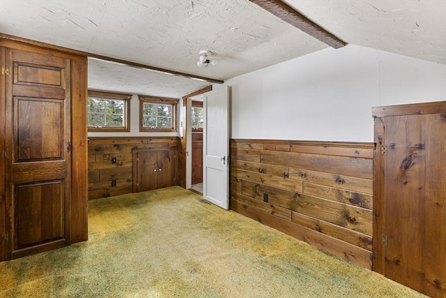 38 Lakeshore Dr, Wayland, MA 01778 - carpeted spare room featuring a textured ceiling, a wainscoted wall, and wooden walls