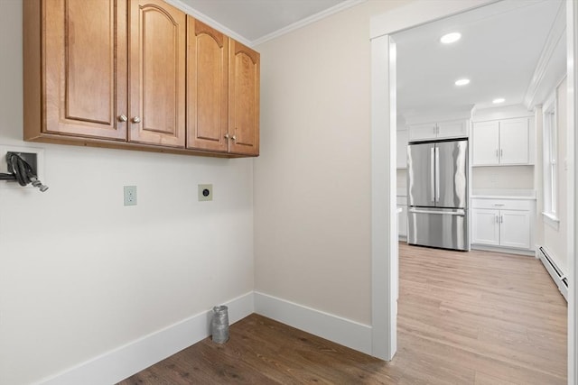 59 Altamont St, Haverhill, MA 01830 - washroom featuring hookup for an electric dryer, crown molding, light wood-style flooring, recessed lighting, and baseboards
