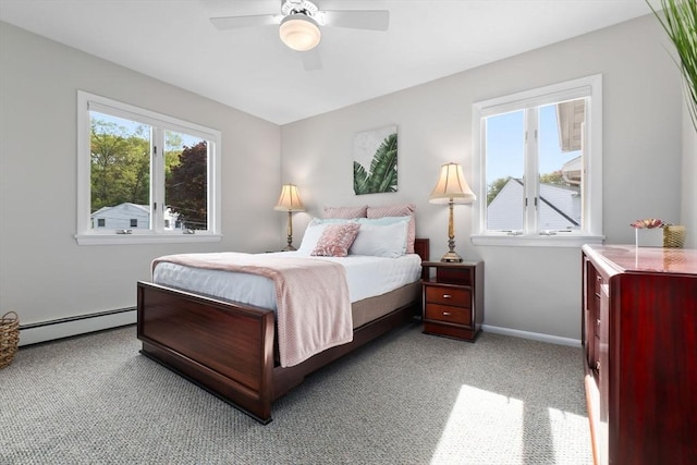2 Cider Mill Rd, Peabody, MA 01960 - bedroom with a baseboard radiator, carpet floors, baseboards, and a ceiling fan