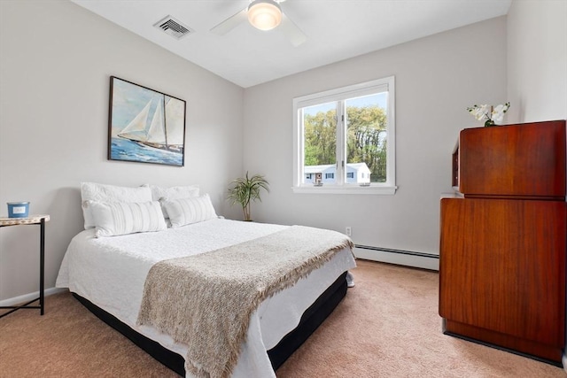 2 Cider Mill Rd, Peabody, MA 01960 - bedroom with a baseboard heating unit, light colored carpet, a ceiling fan, and baseboards