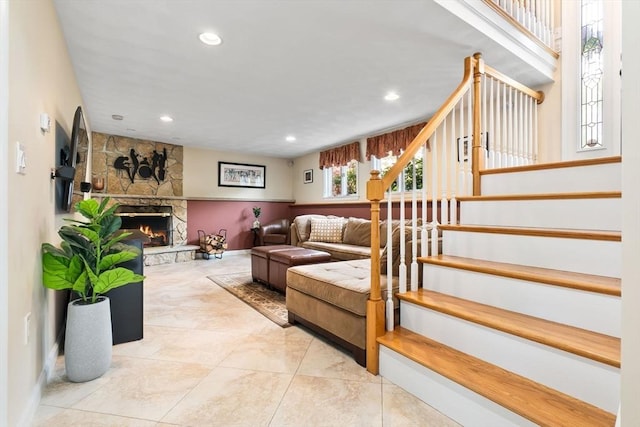 2 Cider Mill Rd, Peabody, MA 01960 - living room featuring stairway, recessed lighting, and a stone fireplace