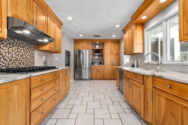2 Cider Mill Rd, Peabody, MA 01960 - kitchen featuring appliances with stainless steel finishes, under cabinet range hood, a sink, tasteful backsplash, and open shelves