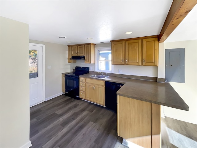 kitchen with sink, dark hardwood / wood-style floors, kitchen peninsula, electric panel, and black appliances